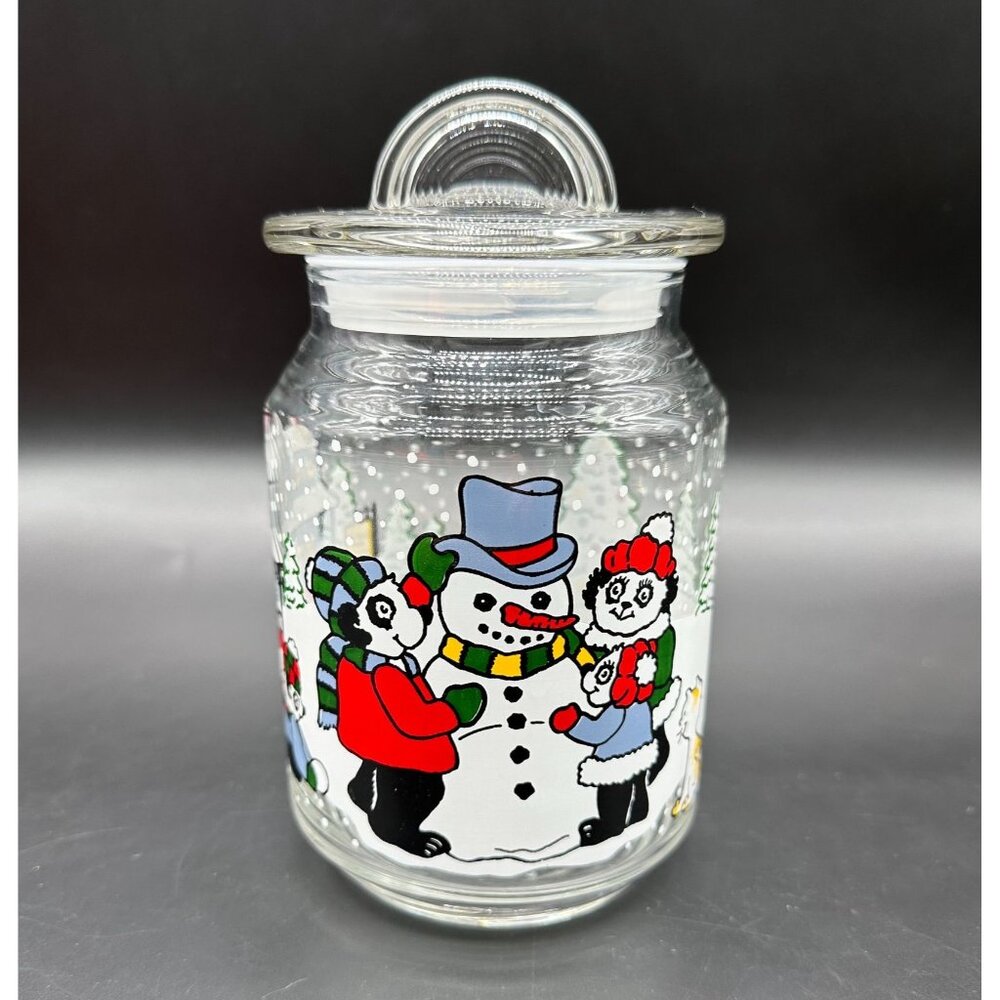 Vintage Glass Jar Storage Container Christmas Pandas Snowman 90s Kitschy Candy